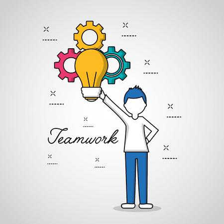 people teamwork colorful tools background boy holding light bulb vector illustrationのイラスト素材