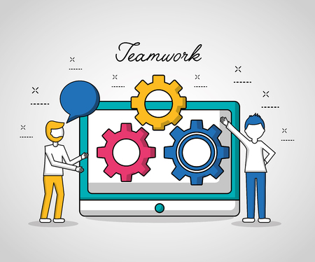 people teamwork technology screen gears boys presenting vector illustrationのイラスト素材