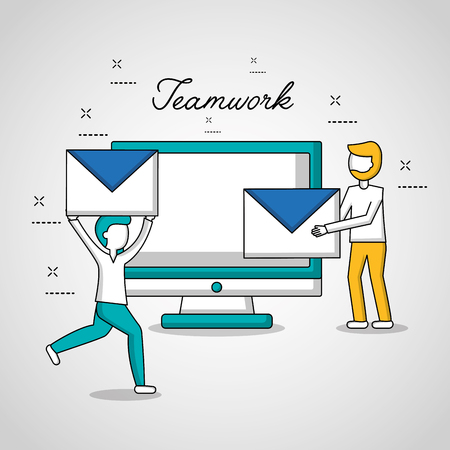 people teamwork computer boys holding messages vector illustrationのイラスト素材