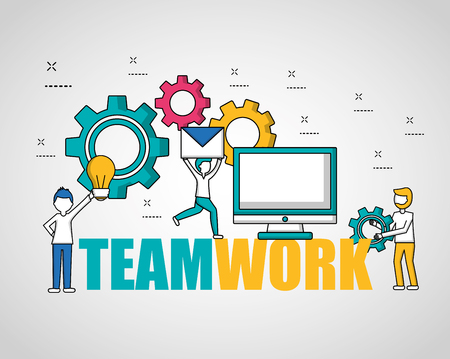 people teamwork technology many gears bulb idea email computer vector illustrationのイラスト素材