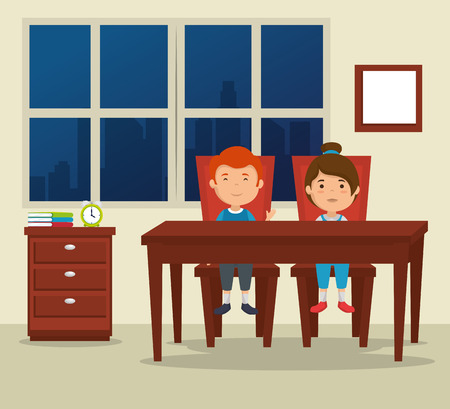 couple of kids in the dinning room vector illustration designのイラスト素材