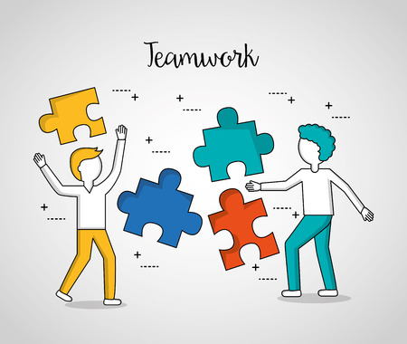 people teamwork boys puzzle pieces solution vector illustrationのイラスト素材