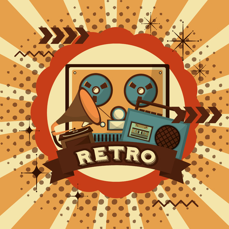 retro vintage reel to reel tape gramophone radio cassette poster vector illustrationのイラスト素材