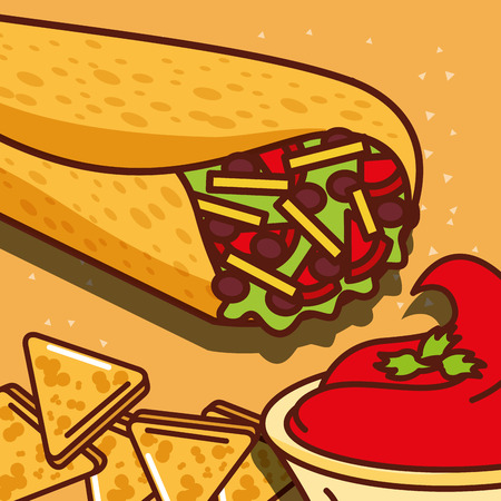 burritos and snack nachos tomato sauce mexican food vector illustrationのイラスト素材