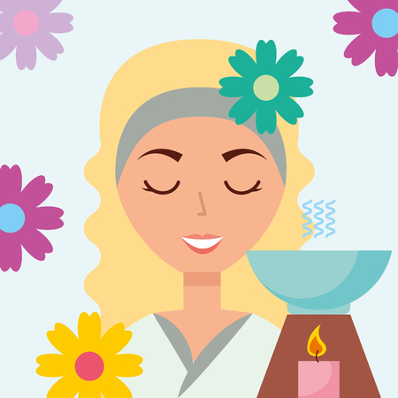 beautiful woman aromatherapy candle flowers spa wellness vector illustrationのイラスト素材