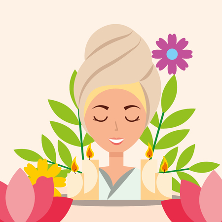 woman with towel on head candles lotus flowers spa wellness vector illustrationのイラスト素材