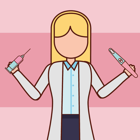 pregnancy fertilization doctor holding injection and pregnant test vector illustrationのイラスト素材