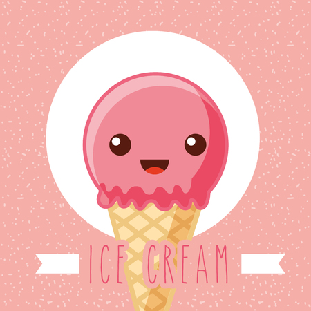 ice cream pink stripe background label with smile cute cone of strawberry sign vector illustrationのイラスト素材
