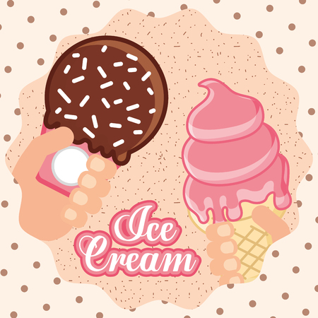 ices cream hand holding cone melted strabrry spark chocolate vector illustrationのイラスト素材
