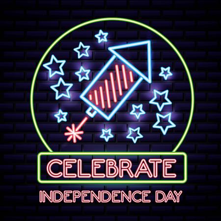 american independence day celebrate usa date neon rocket stars vector illustrationのイラスト素材