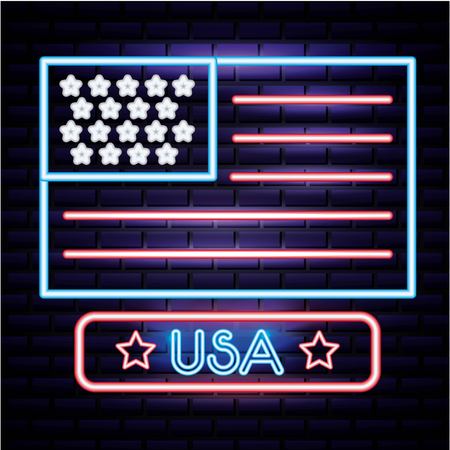 american independence day flag usa date neon sign vector illutrationのイラスト素材