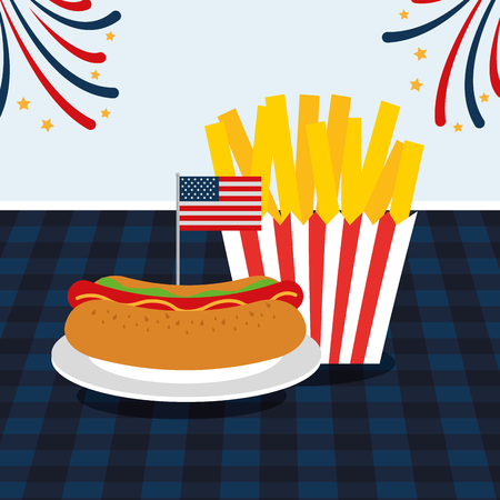 food american independence day square table with french fries hotdog vector illustrationのイラスト素材