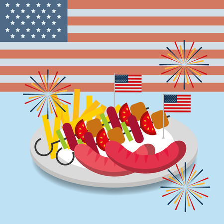 food american independence day usa flag background dish with sausages kebabs french fries vector illustrationのイラスト素材