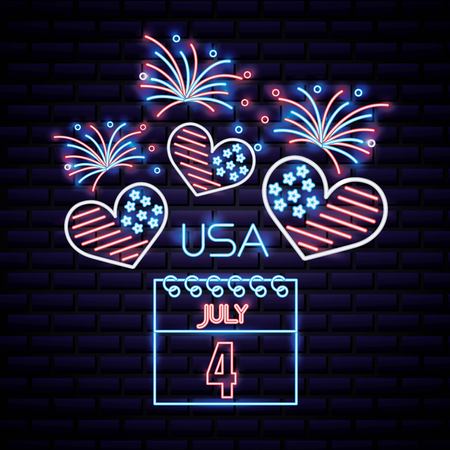 american independence day hearts with usa flag fireworks neon calendar july vector illustrationのイラスト素材