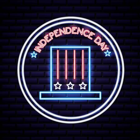 american independence day sticker with traditional hat neon date vector illustrationのイラスト素材