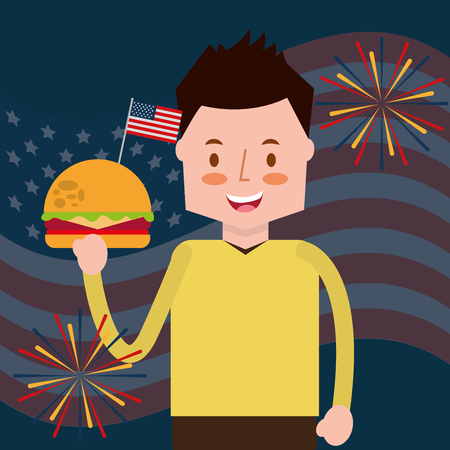 man holding burger fireworks flag american independence day vector illustrationのイラスト素材