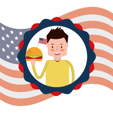 man with burger american independence label decoration vector illustrationのイラスト素材