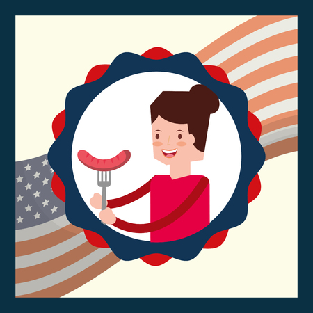 women with sausage in fork american independence label decoration vector illustrationのイラスト素材