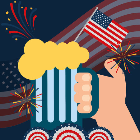 food american independence day wave usa flag background hand holding beer fireworks colors pennants vector illustrationのイラスト素材