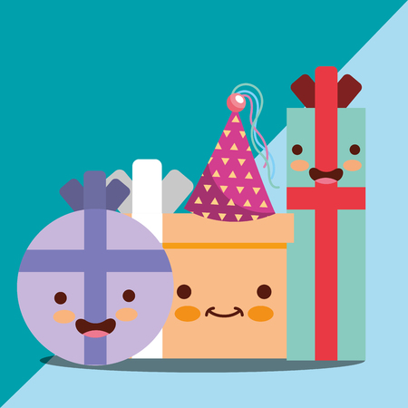 happy gift boxes cartoon characters happy birthday card vector illustrationのイラスト素材