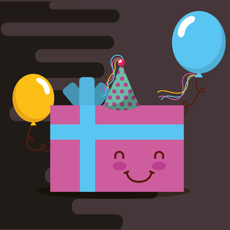pink gift box party hat and balloons happy birthday card vector illustrationのイラスト素材
