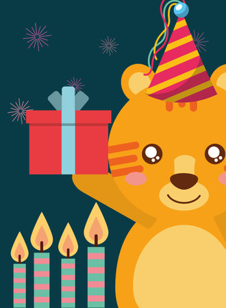 happy birthday card and cute little tiger and gift vector illustrationのイラスト素材