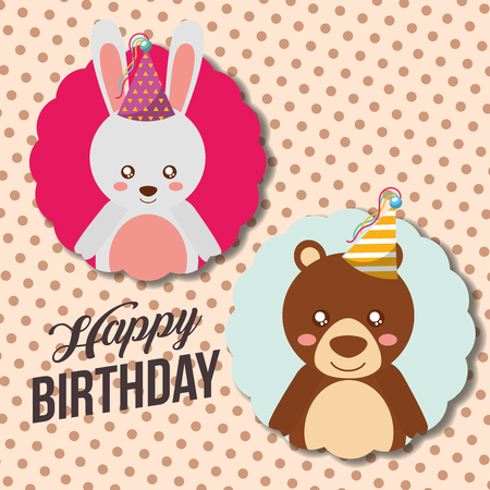 cute happy birthday card funny rabbit and bear vector illustrationのイラスト素材