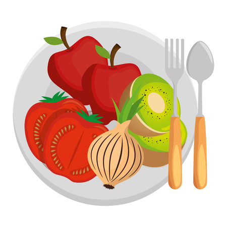 dish and cutlery with fruits and vegetables vector illustration designのイラスト素材