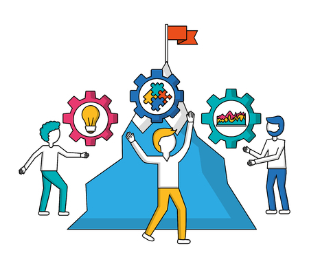 snowy mountain with flag and young people isolated icon vector illustration designのイラスト素材