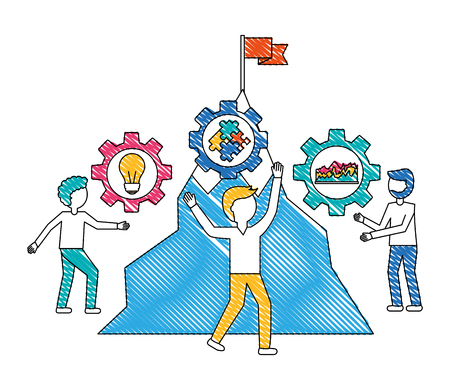 business people teamwork mountain flag gears success vector illustrationのイラスト素材