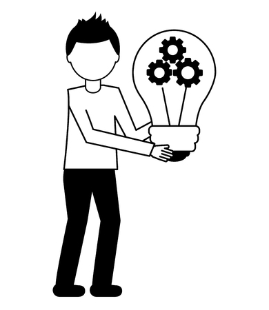 young man with light bulb and gears isolated icon vector illustration designのイラスト素材