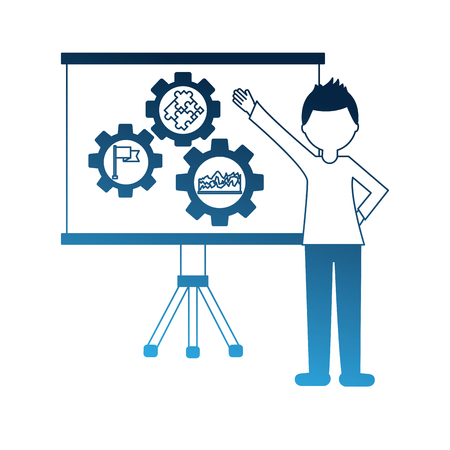 businessman pointing board with presentation gear vector illustration neon blueのイラスト素材