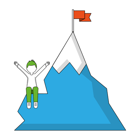 young man with snowy mountain with flag isolated icon vector illustration designのイラスト素材