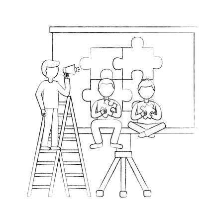 business people with megaphone and puzzle teamwork vector illustration sketchのイラスト素材