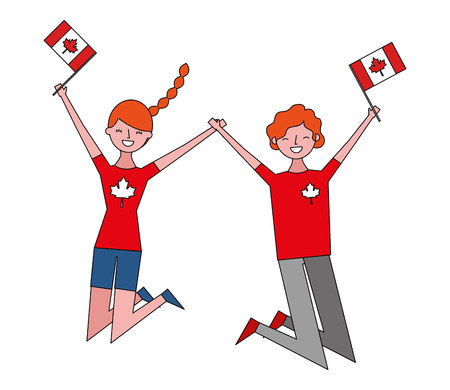 happy couple jumping with canadian flag vector illustrationのイラスト素材