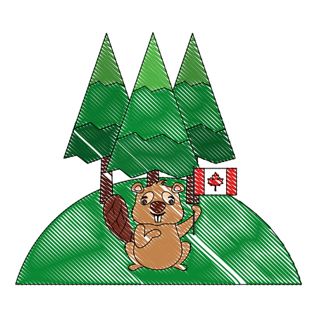 beaver of canada with flag and landscape isolated icon vector illustration designのイラスト素材