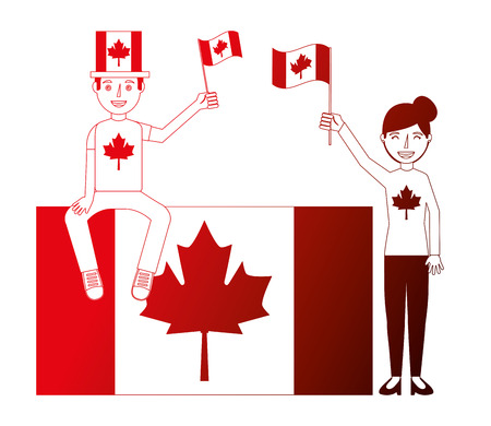 canadian couple holding flags canada day vector illustration neonのイラスト素材