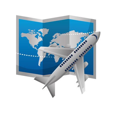 airplane flying with world paper map vector illustration designのイラスト素材