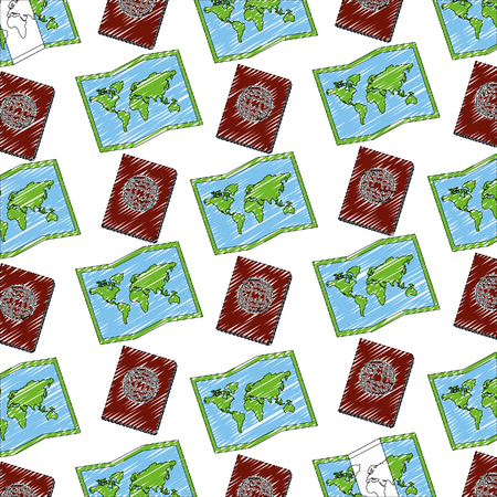world paper map with passport document pattern vector illustration designのイラスト素材