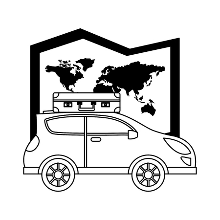 automobile with suitcase in roof travel map world vector illustrationのイラスト素材