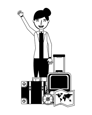 happy woman with travel suitcase map and compass vector illustrationのイラスト素材