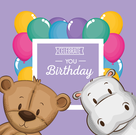 cute bear teddy and hippo birthday card vector illustration designのイラスト素材