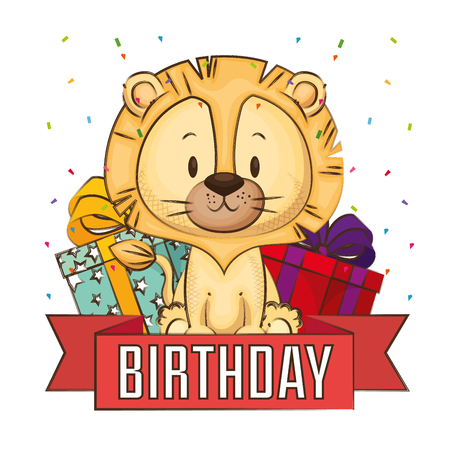 little cute lion birthday card vector illustration designのイラスト素材