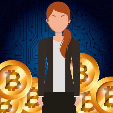 business woman and golden bitcoin cryptocurrency vector illustrationのイラスト素材