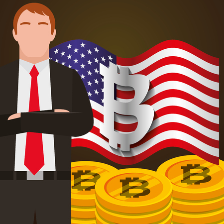 businessman bitcoin banking american flag vector illustrationのイラスト素材