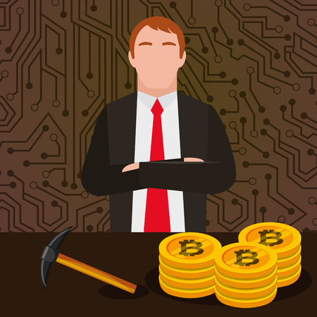businessman stacked bitcoin mining currency vector illustrationのイラスト素材