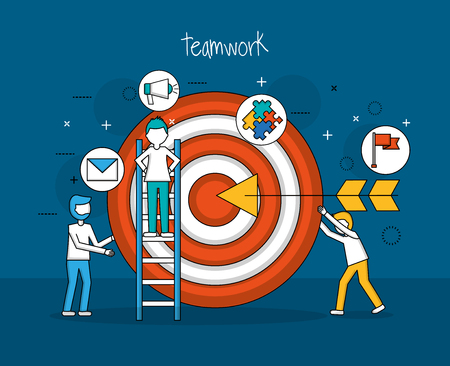 teamwork concept dart game big arrow boy in stairs stickers vector illustrationのイラスト素材