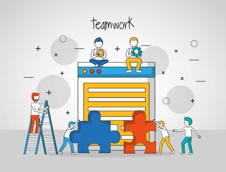 teamwork concept boys sitting document file pushing up puzzle pieces vector illustrationのイラスト素材