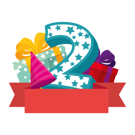 cute number two with gifts and party hat vector illustration designのイラスト素材