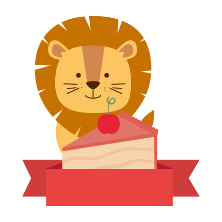 cute lion with sweet cake portion character vector illustration designのイラスト素材